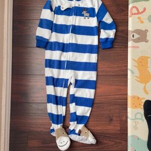 CARTER’S  Flame Resistant Blue White Stripes Zip Up Footie Moose 18 mo